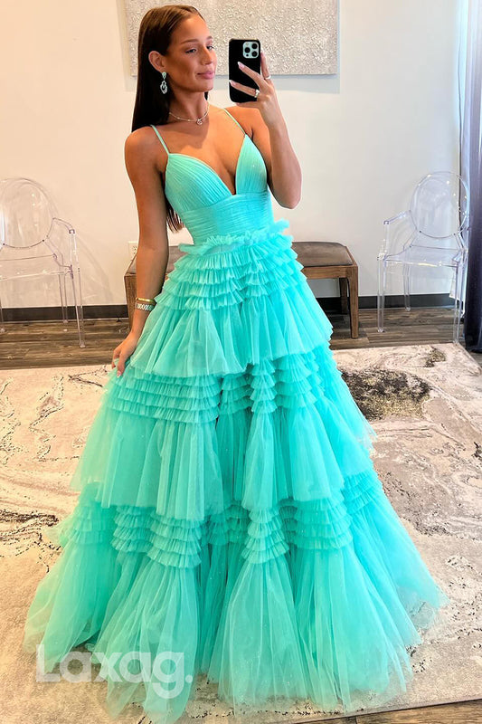 21961 - A line V neck Tulle Tiered Long Formal Prom Dress