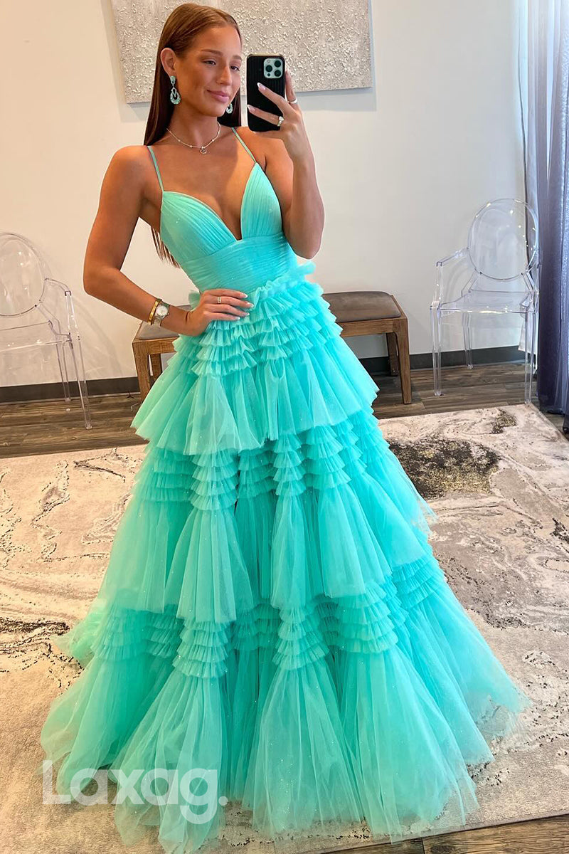 21961 - A line V neck Tulle Tiered Long Formal Prom Dress