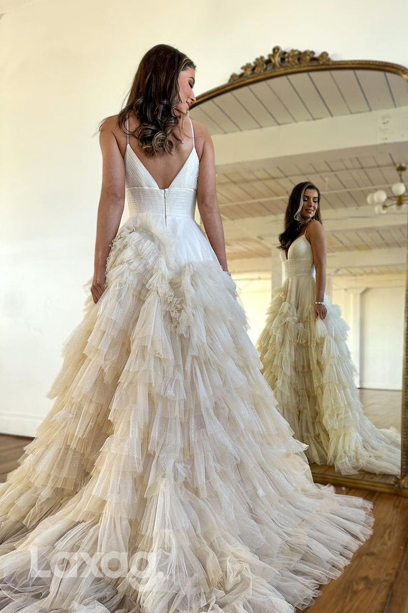 21921 - Spaghetti Straps Tulle Ruffles Long Formal Prom Dress