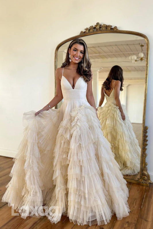 21921 - Spaghetti Straps Tulle Ruffles Long Formal Prom Dress