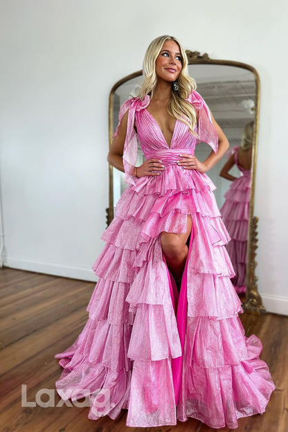 16755 -  A Line Deep V neck Tiered Pink Long Semi Formal Prom Dress with Slit