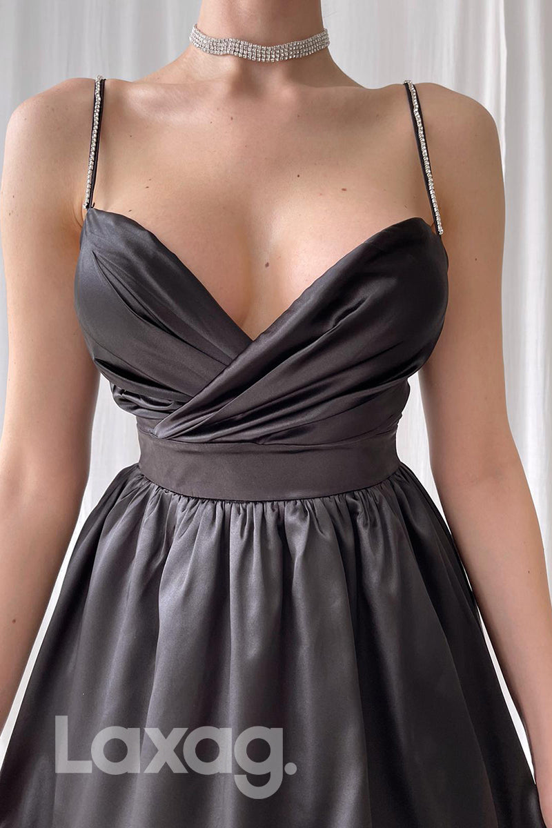12183 - Spaghetti Straps Pleats Black Homecoming Dress Party Gown