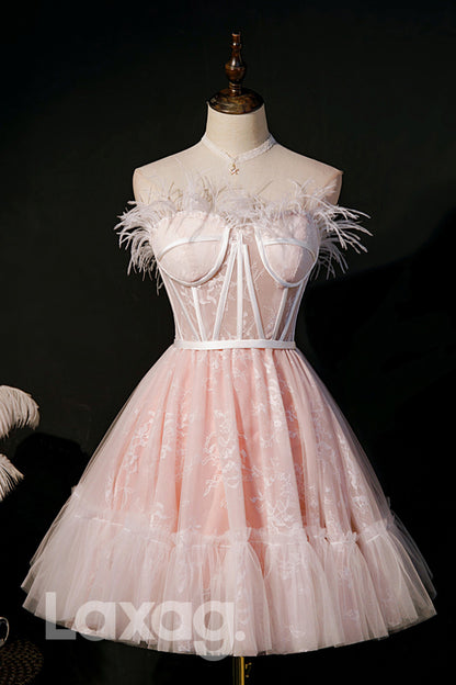 12190 - Strapless Feathers Pink Cute Homecoming Dress