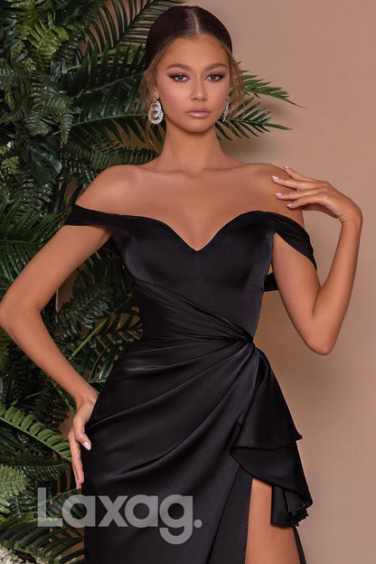 12740 - Off Shoulder Black Ruched Evening Prom Dress With Slit