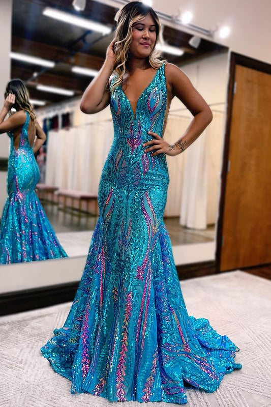 12752 - V-Neck Ruched Multi Color Sequined Mermaid Prom Evening Dress