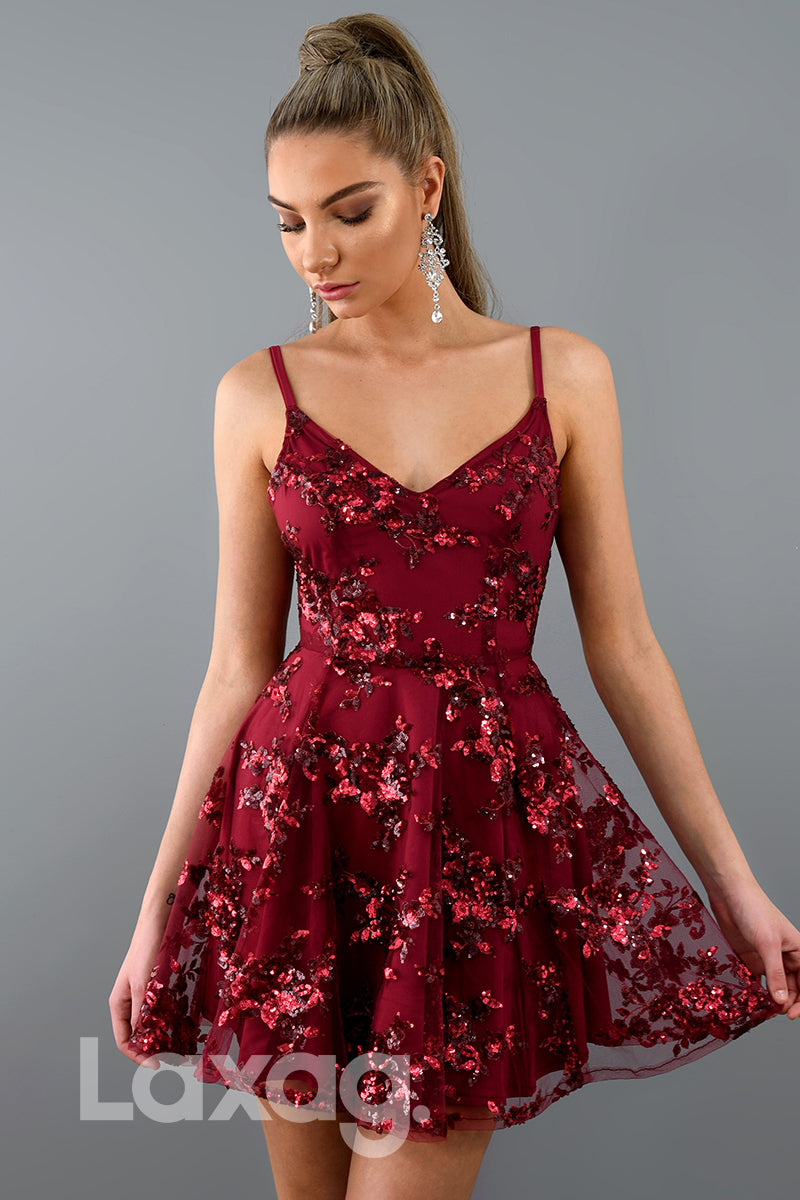 13100 - Spaghetti Straps Lace Burgundy Homecoming Dress