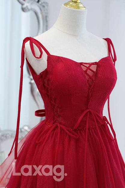 13101 - Spaghetti Straps Lace Burgundy Short Homecoming Dress