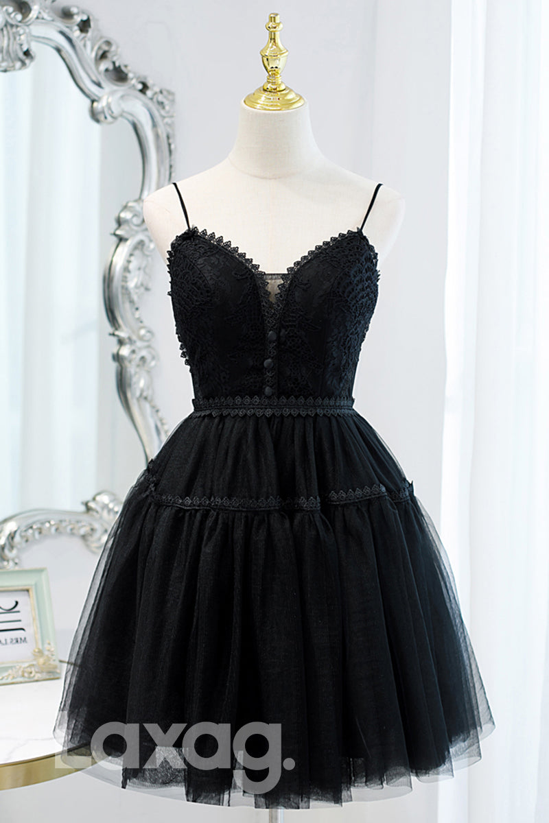 13102 - Spaghetti Straps Black Short Homecoming Dress