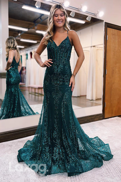 13117 - Spaghetti Straps V-Neck Sequin Appliques Long Mermaid Prom Formal Dresses