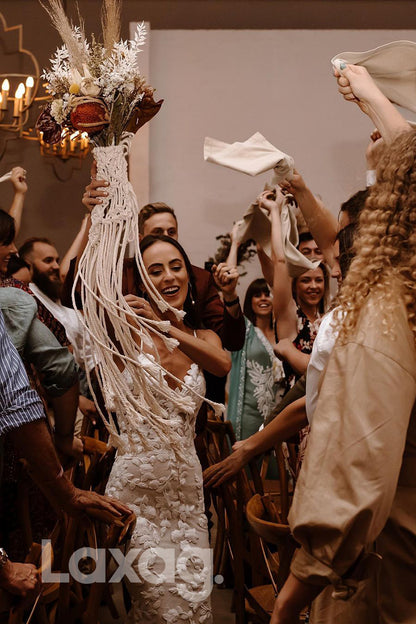 13501 - Spaghetti Straps Allover Lace Bohemian Wedding Dress|LAXAG