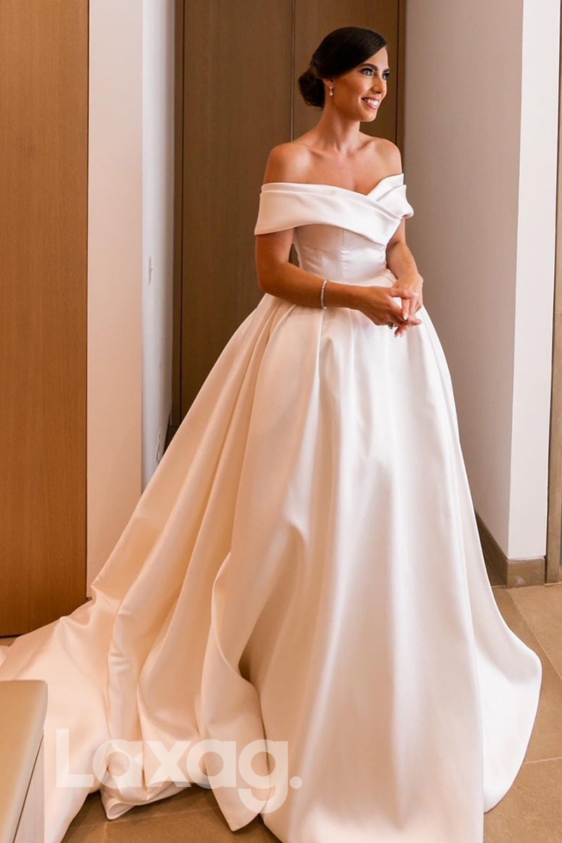 13504 - Off The Shoulder Ball Gown Ivory Satin Wedding Dress|LAXAG