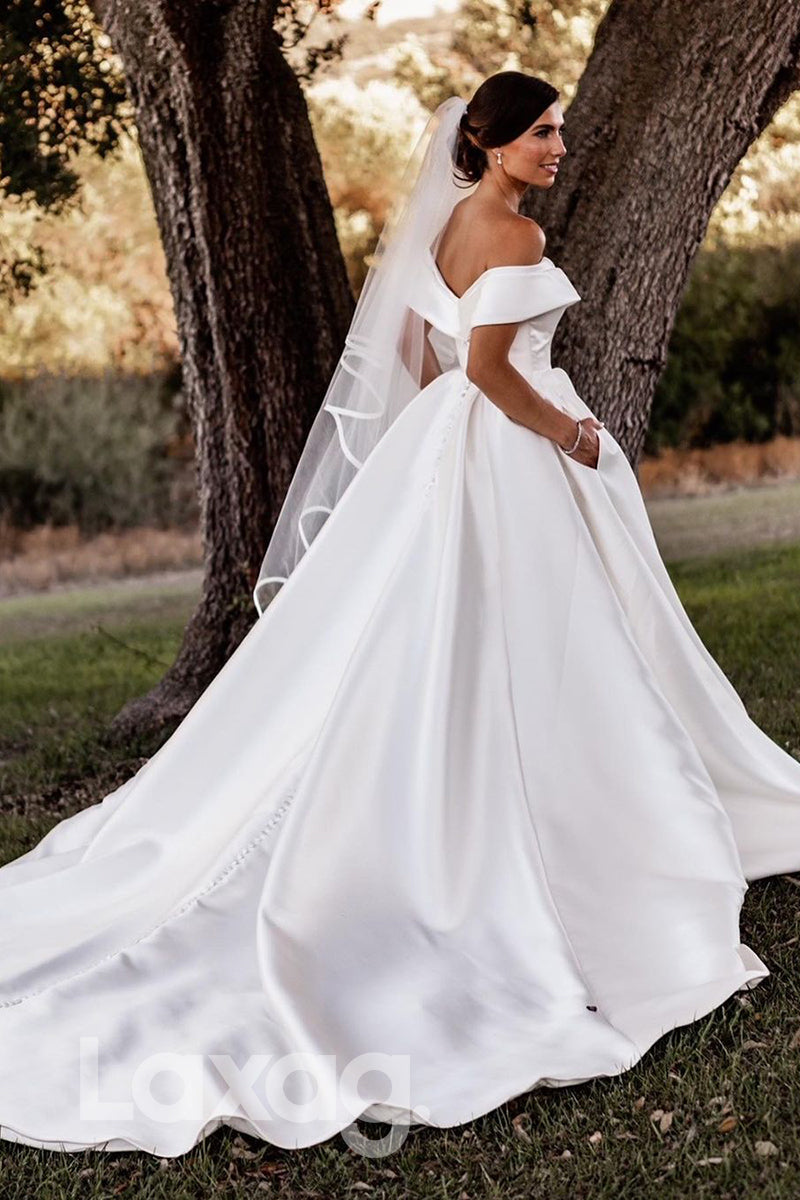 13504 - Off The Shoulder Ball Gown Ivory Satin Wedding Dress|LAXAG