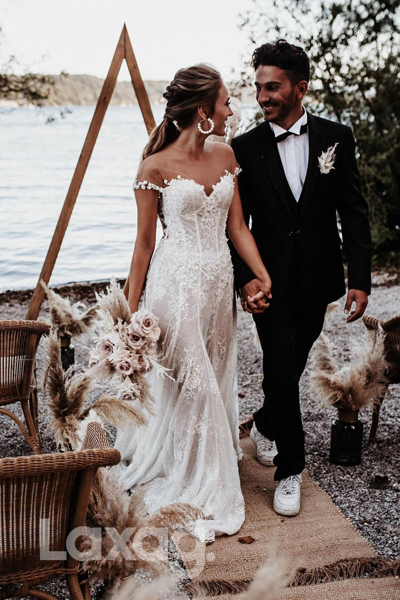 13511 - Allover Lace Off The Shoulder Bohemian Wedding Dress|LAXAG