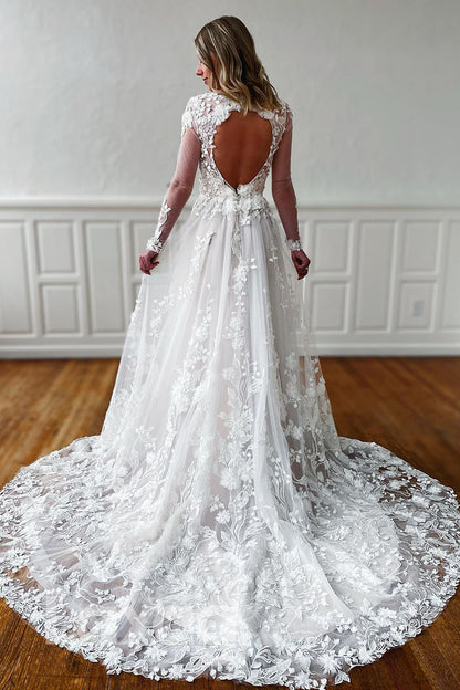 13512 - Plunging V-neck Sheer Long Sleeves Lace Wedding Dress