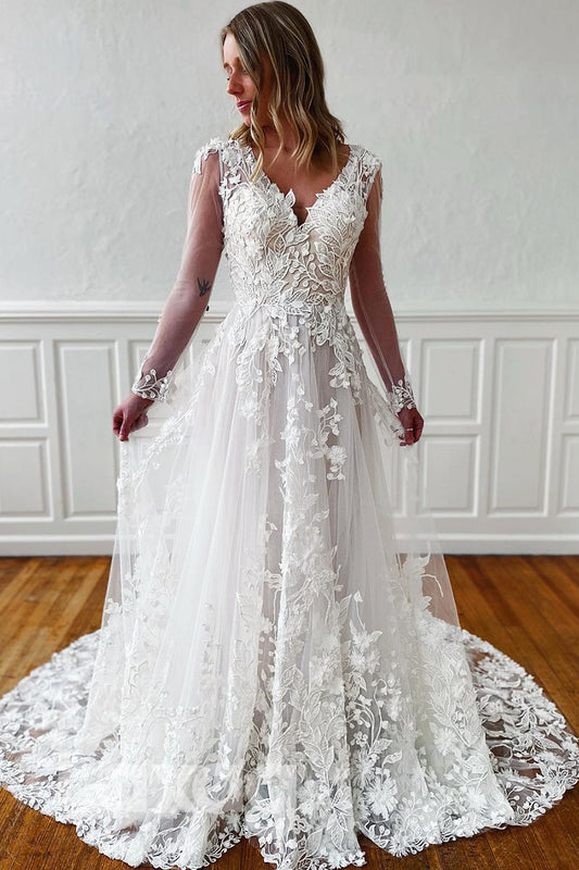 13512 - Plunging V-neck Sheer Long Sleeves Lace Wedding Dress|LAXAG