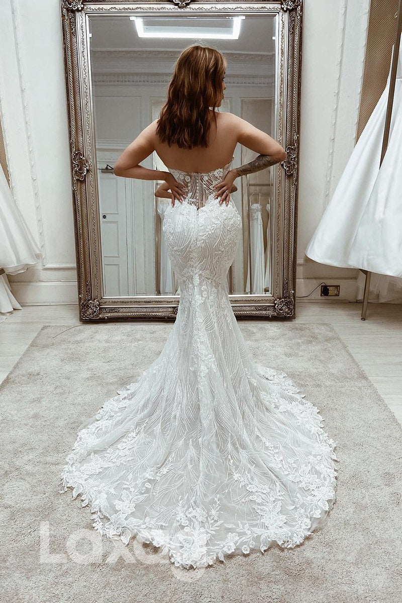 13518 - Plunging V-neck Allover Lace Dress Mermaid Wedding Gown|LAXAG