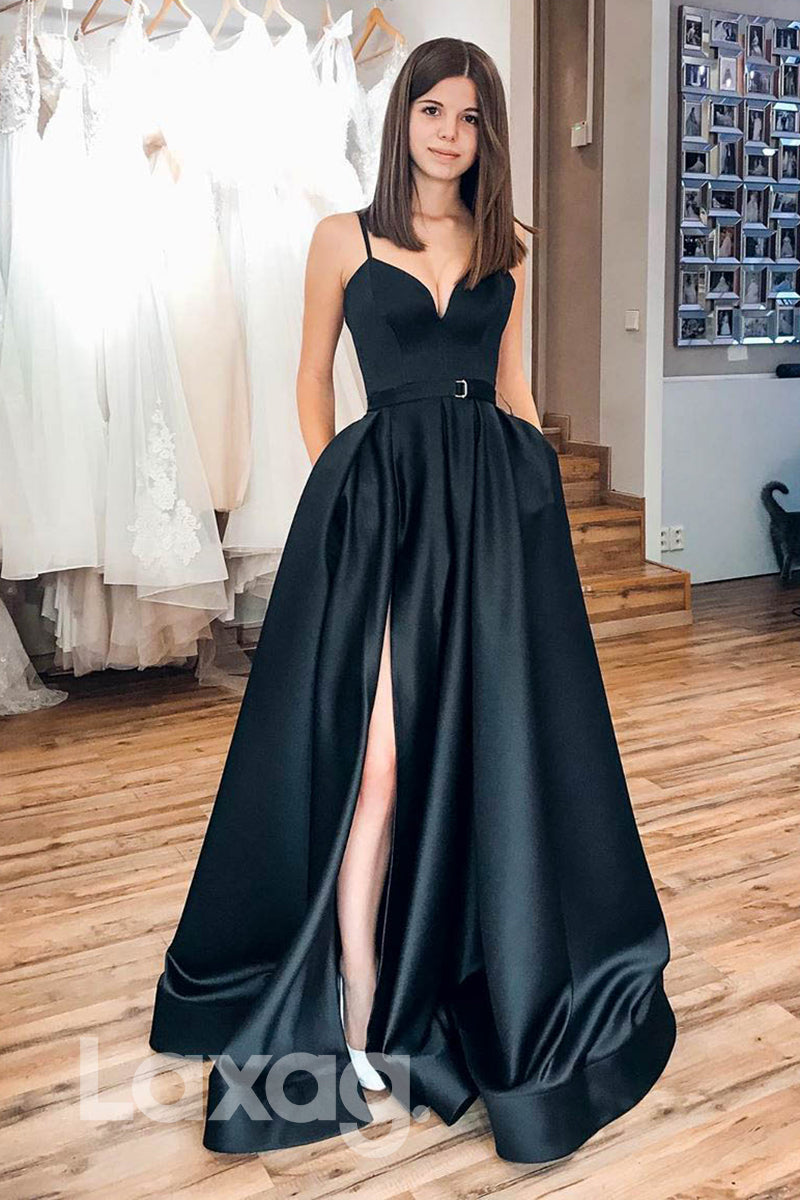 13746 - V-Neck Sleeveless A-Line Bodice Gown With Leg Slit - Laxag