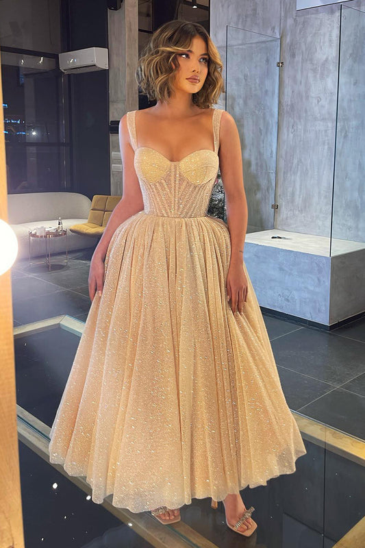 13765 - Glitter Knit Spaghetti Bone Bodice Pleated Tiered Prom Evening Gown