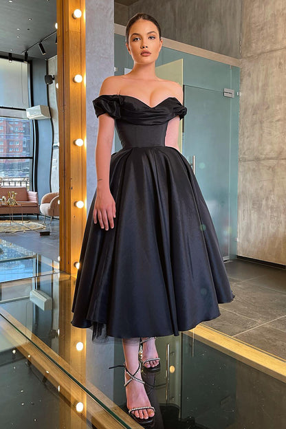 13796 - Embellished Sleeveless Off Shoulder Black Prom Dress