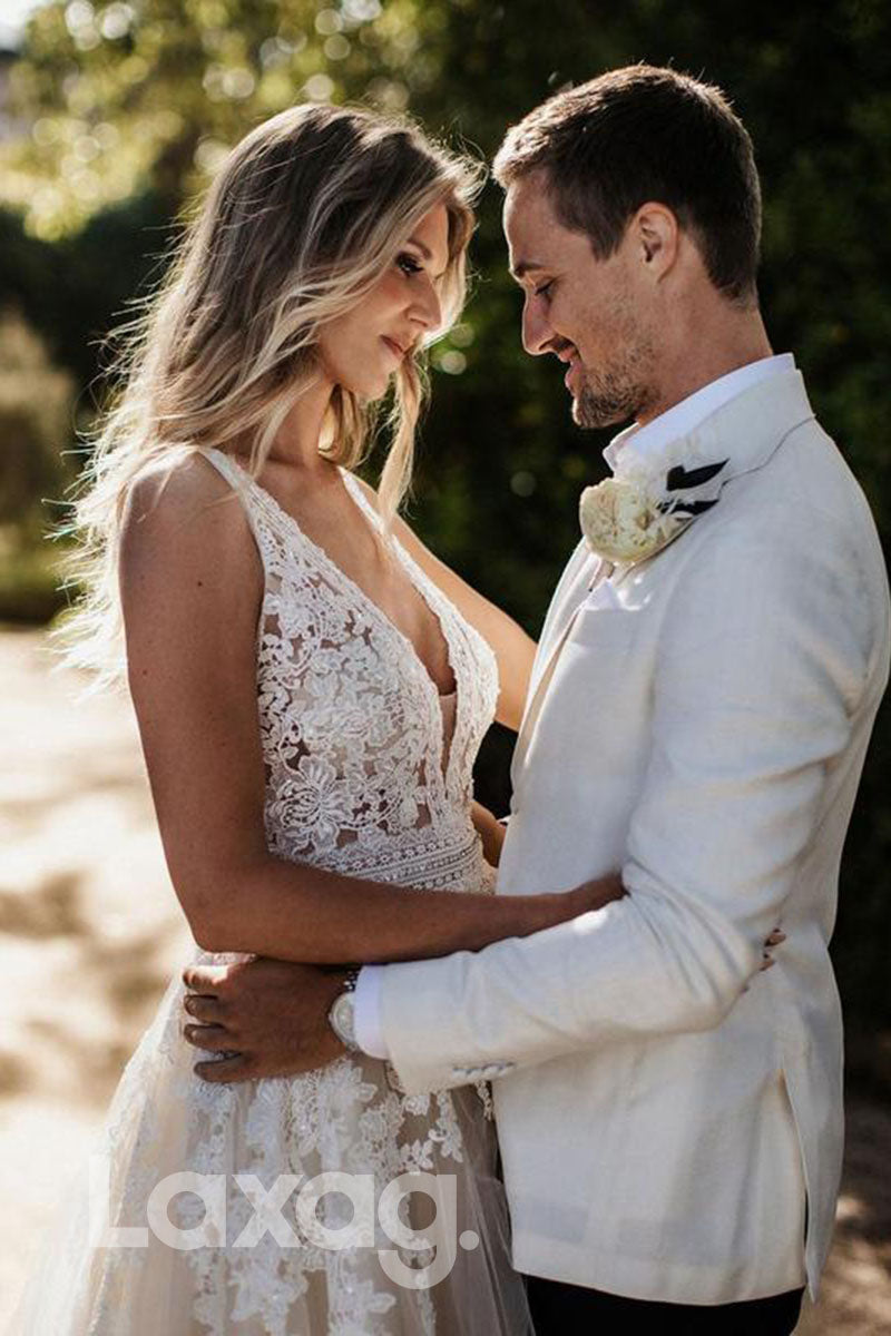 14520 - Plunging V-Neck Lace Applique Beach Wedding Dress|LAXAG