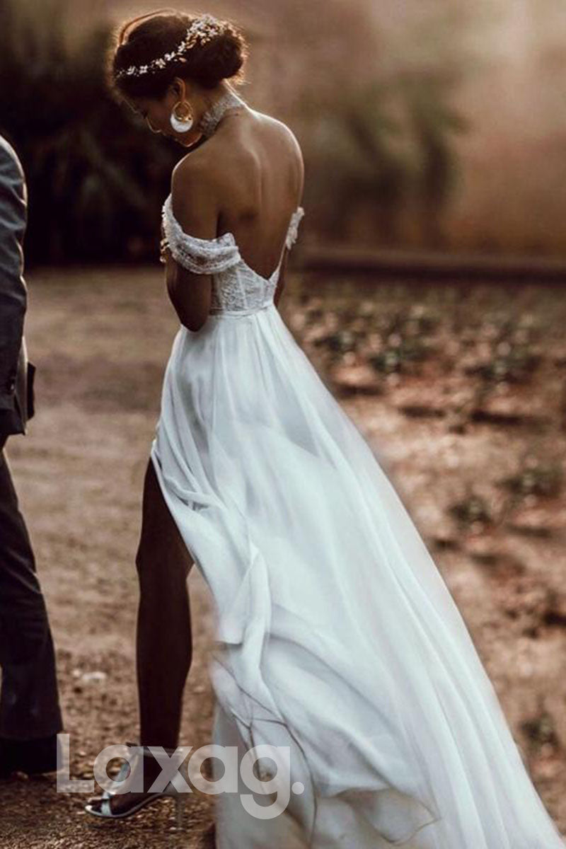 14521 - Off Shoulder Lace High Split Bohemian Wedding Dress|LAXAG