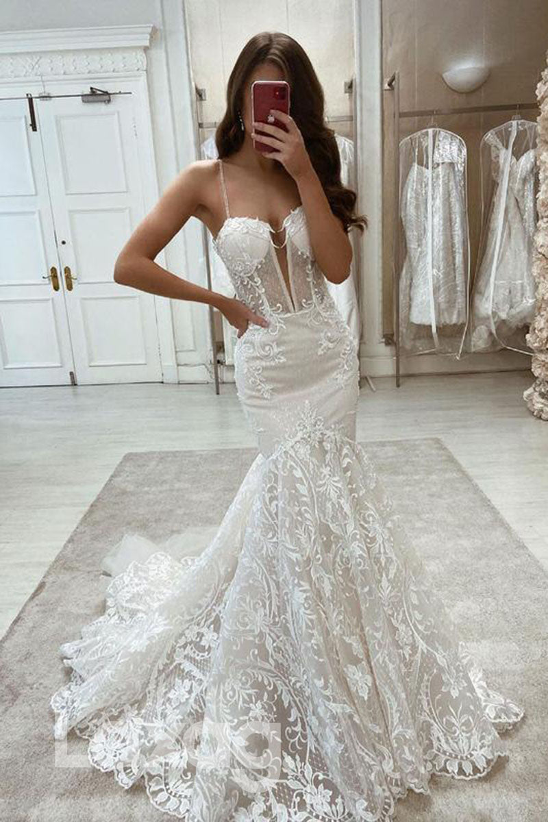 14522 - Attractive V-Neck Exquisite Lace Wedding Dress Mermaid Bridal Gown|LAXAG