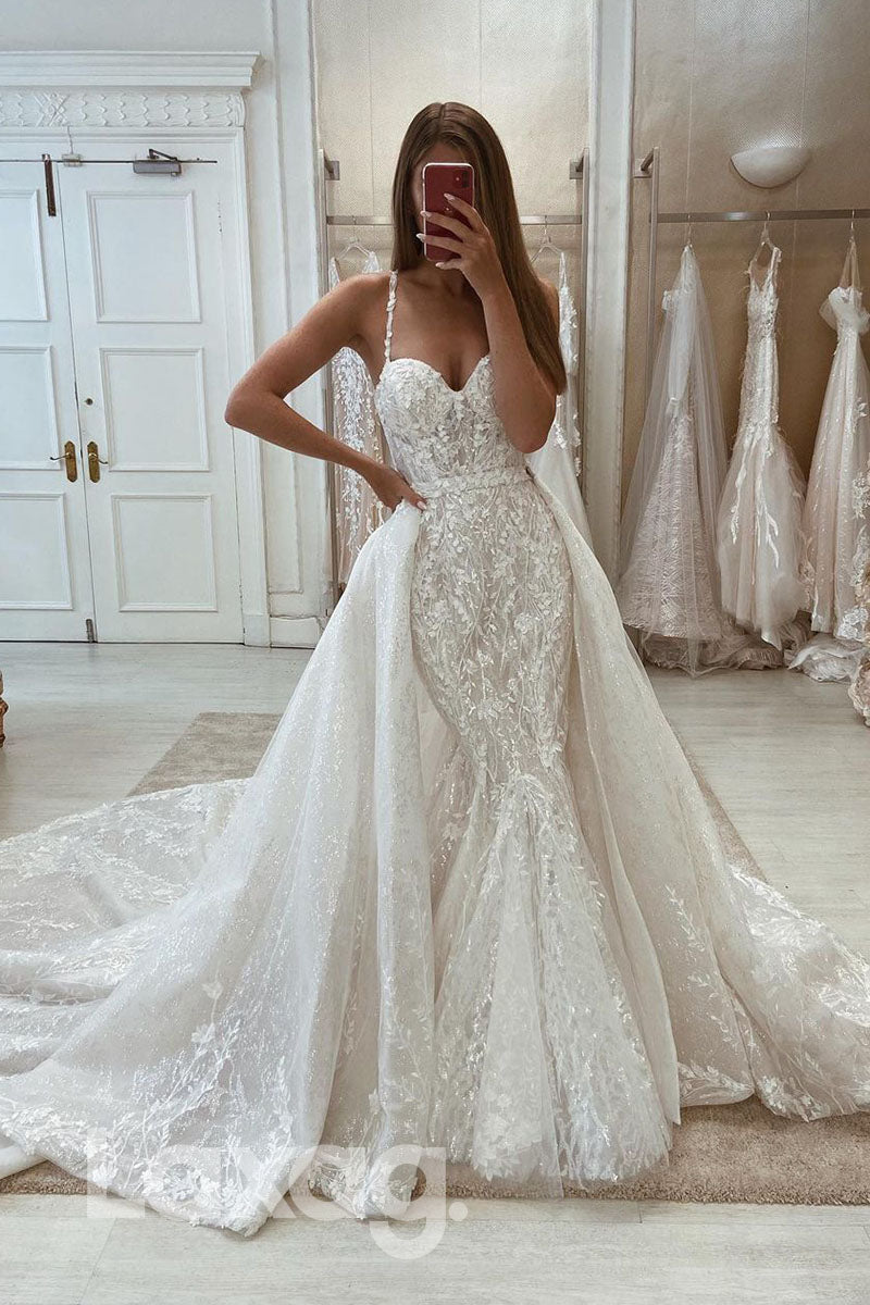 14523 - Allover Lace Wedding Dress with Detachable Skirt Spaghetti Straps Mermaid Bridal Gowns|LAXAG