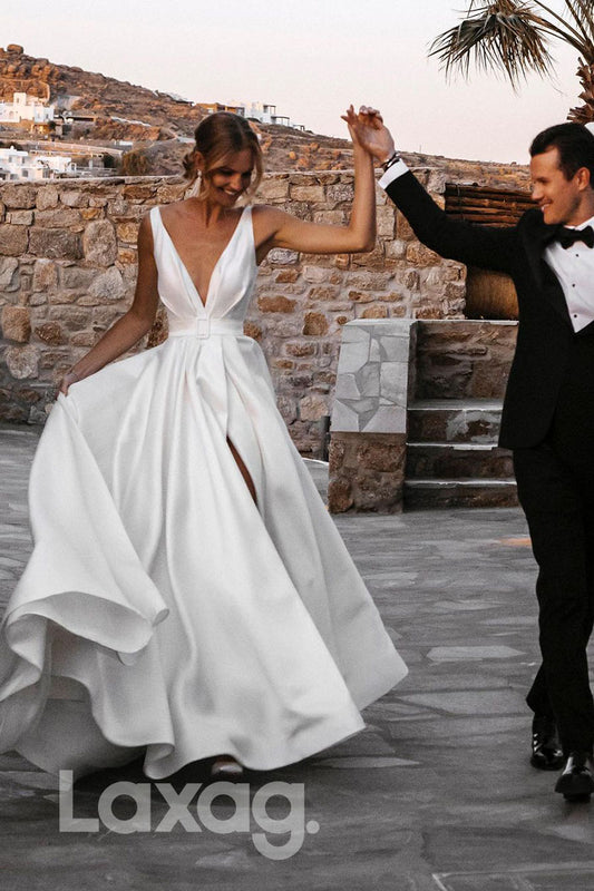 14526 - Deep V-Neck Ivory Satin A-line Rustic Wedding Dress|LAXAG