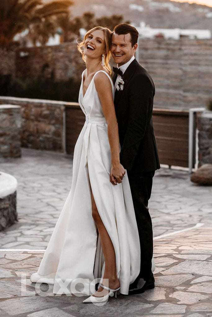 14526 - Deep V-Neck Ivory Satin A-line Rustic Wedding Dress|LAXAG