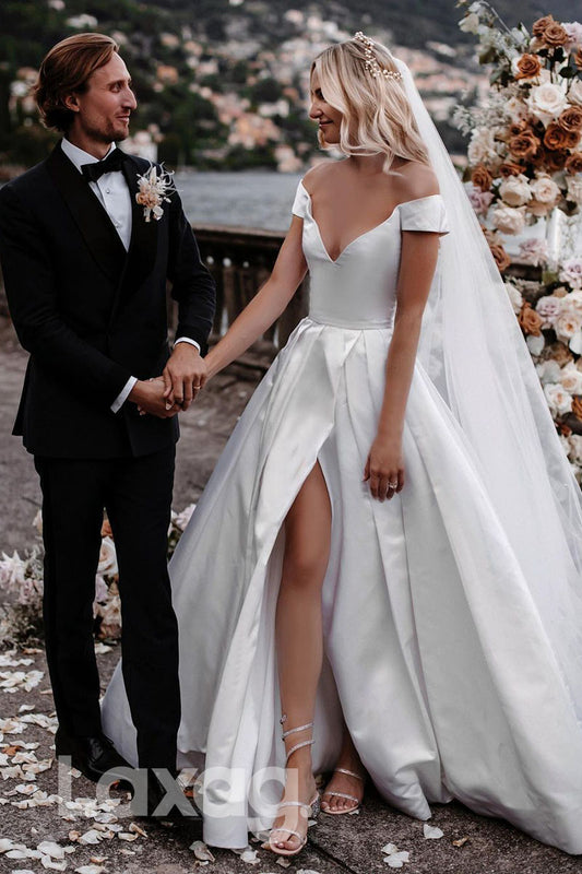 14528 - Off Shoulder White Satin Rustic Wedding Dress|LAXAG