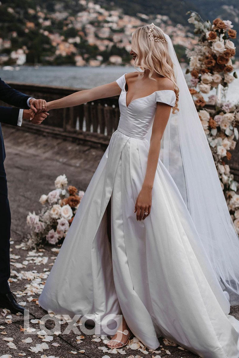 14528 - Off Shoulder White Satin Rustic Wedding Dress|LAXAG