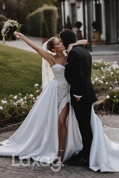 14530 - Sweetheart Lace Wedding Dress with Slit Detachable Skirt Bohemian Bridal Gown|LAXAG