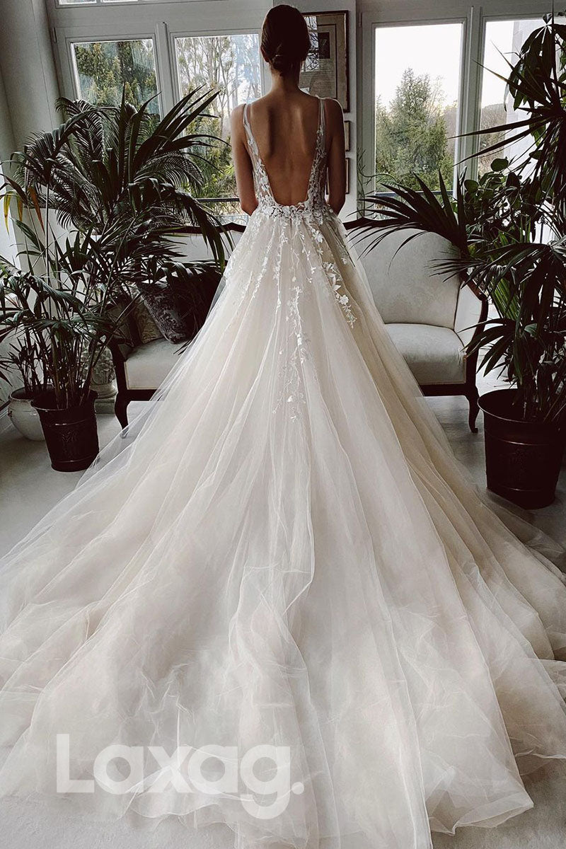 14531 - Women's V-Neck Lace Applique Rustic Wedding Dress |LAXAG