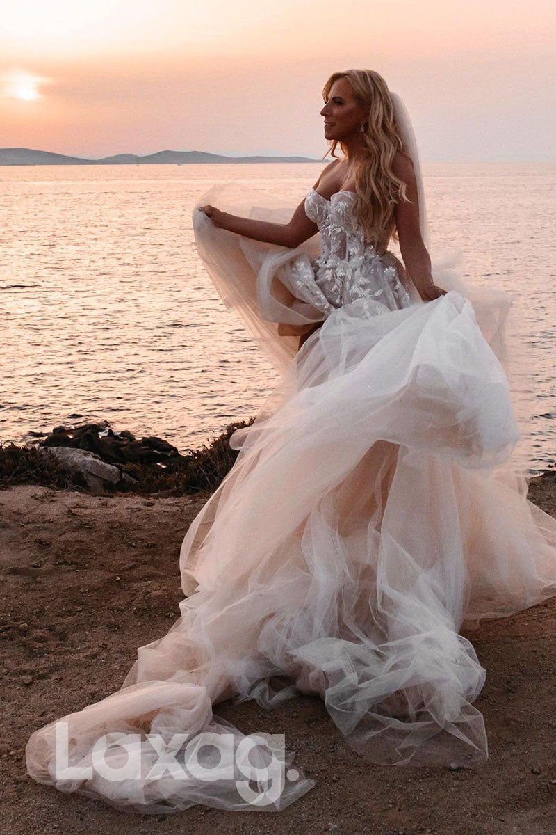 14532 - Sweetheart Lace Applique High Split Bohemian Wedding Dress|LAXAG