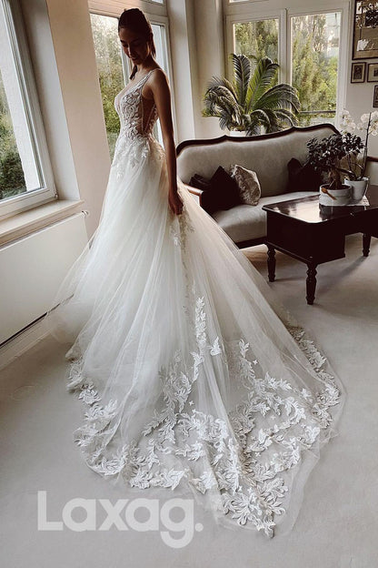 14536 - Plunging V-Neck Lace Applique A-line Rustic Wedding Dress|LAXAG