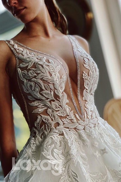 14536 - Plunging V-Neck Lace Applique A-line Rustic Wedding Dress|LAXAG