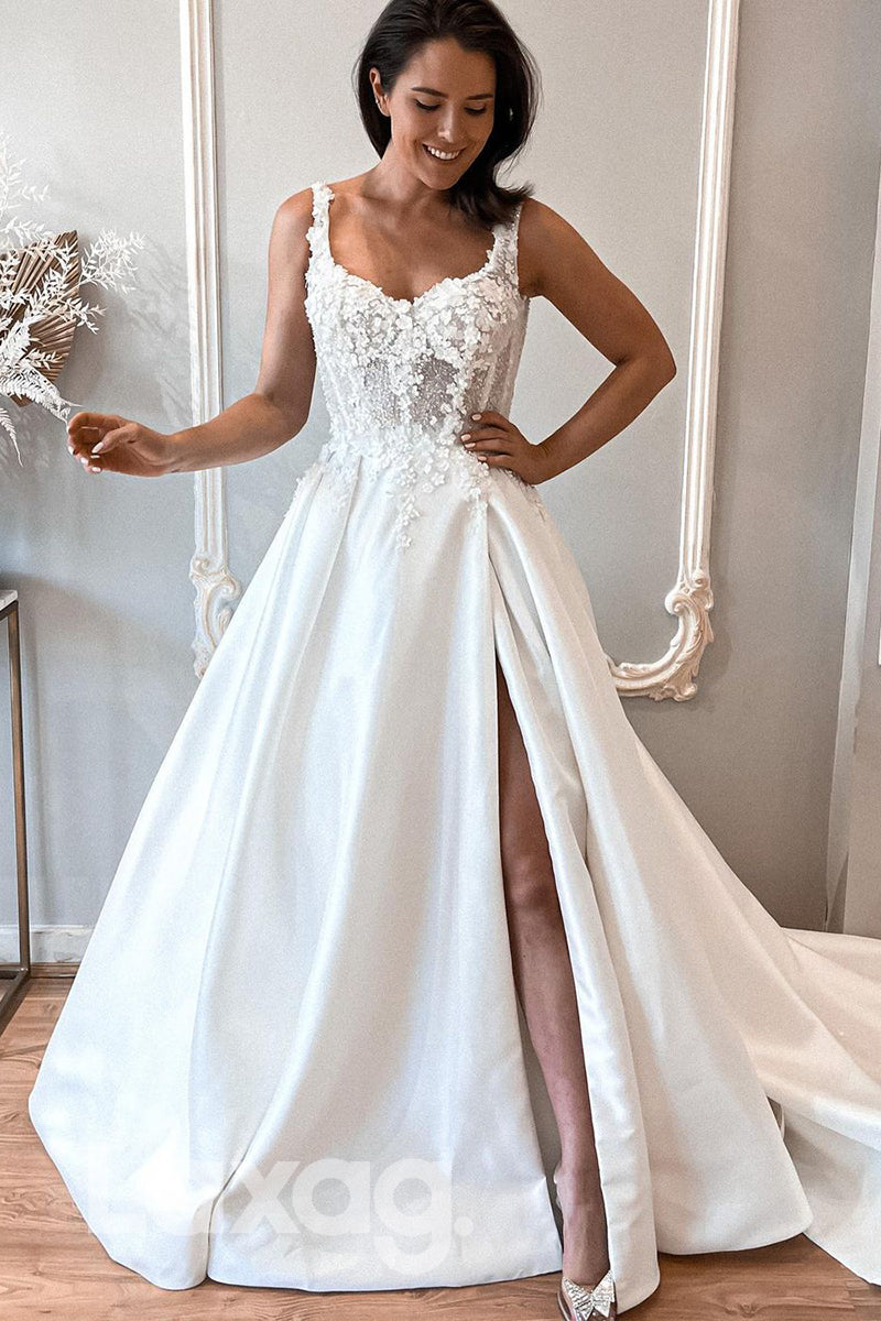 14542 - Spaghetti Straps 3D Lace Appliques Rustic Wedding Dress with Slit Bridal Gown|LAXAG