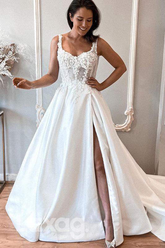 14542 - Spaghetti Straps 3D Lace Appliques Rustic Wedding Dress with Slit Bridal Gown|LAXAG