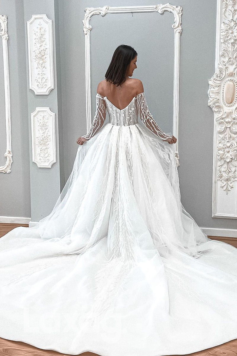 14543 - Off Shoulder Exquisite Applique Long Sleeves A-line Wedding Dress with Slit|LAXAG
