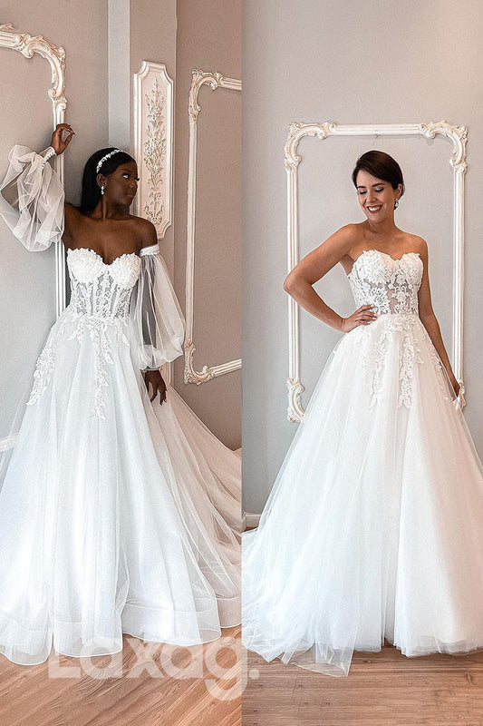 14544 -Women's Sweetheart Lace Applique Long Sleeves Rustic Wedding Dress|LAXAG