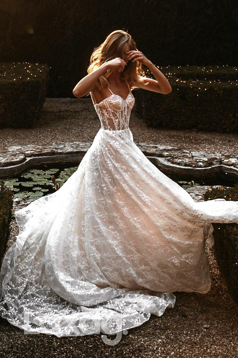 14567 - Women's Spaghetti Straps Exquisite Lace Wedding Dress Bohemian Wedding Gown|LAXAG