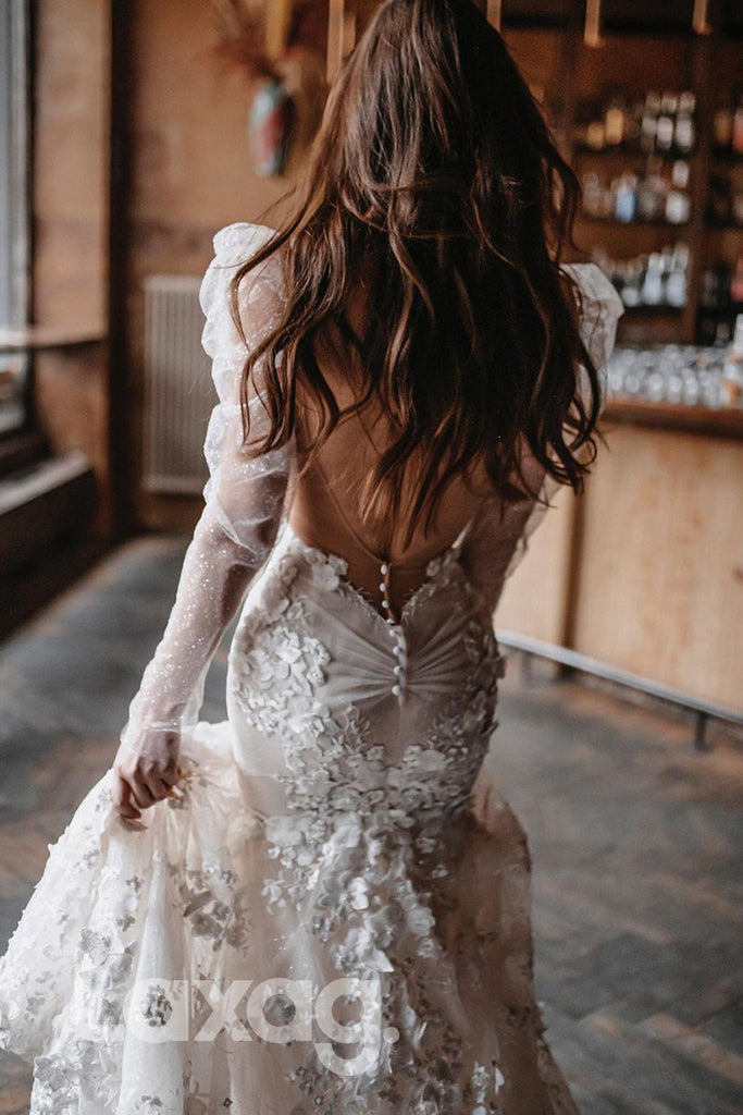 14549 - Attractive V-Neck 3D Appliques Long Sleeves Bohemian Wedding Dress|LAXAG