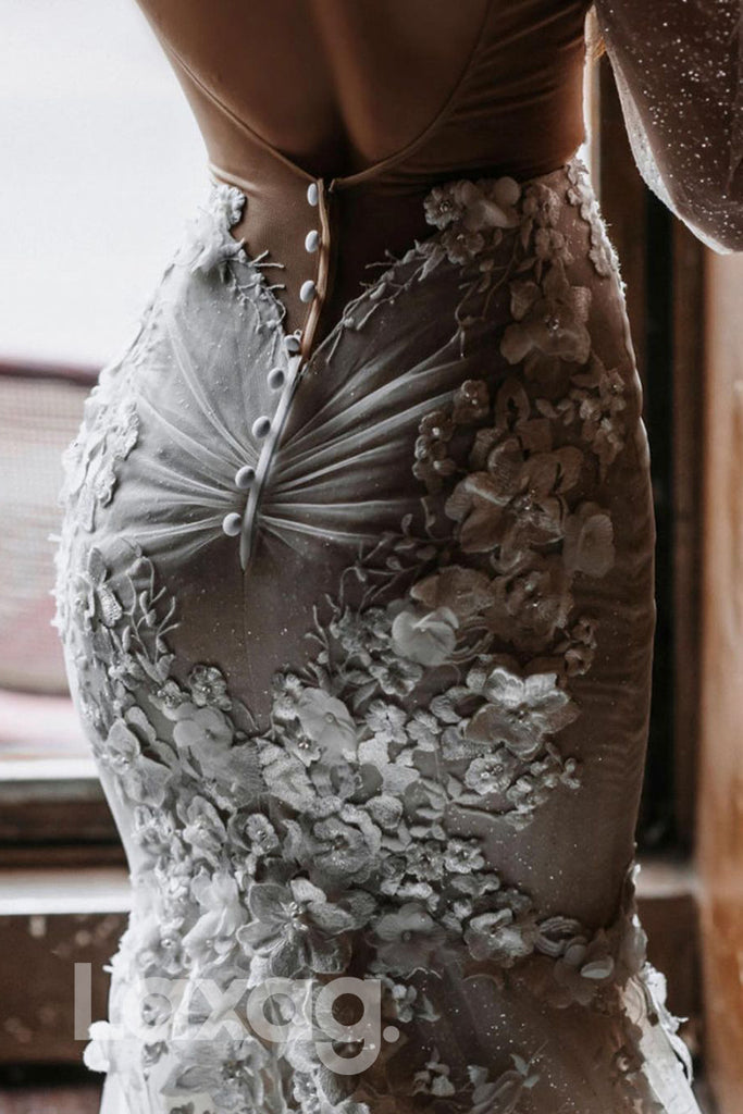 14549 - Attractive V-Neck 3D Appliques Long Sleeves Bohemian Wedding Dress|LAXAG