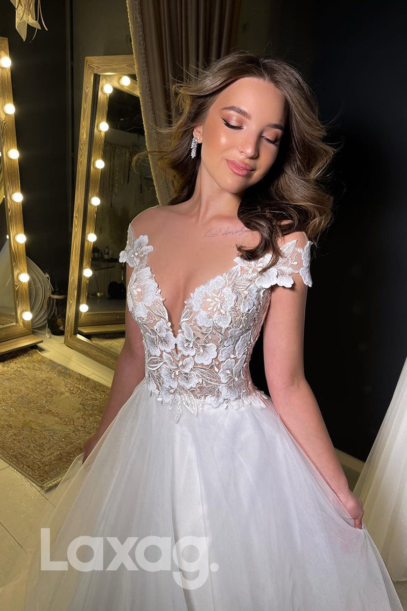 14550 - Unique Illusion V-Neck Lace Applique A-line Rustic Wedding Dress|LAXAG