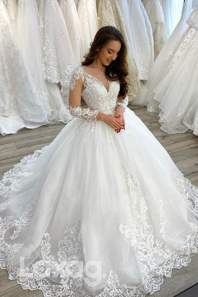 14556 - Ball Gown Plunging Illusion V-neck Lace Applique Wedding Dress with Sleeves|LAXAG