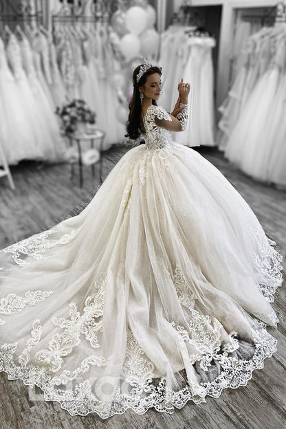 14556 - Ball Gown Plunging Illusion V-neck Lace Applique Wedding Dress with Sleeves