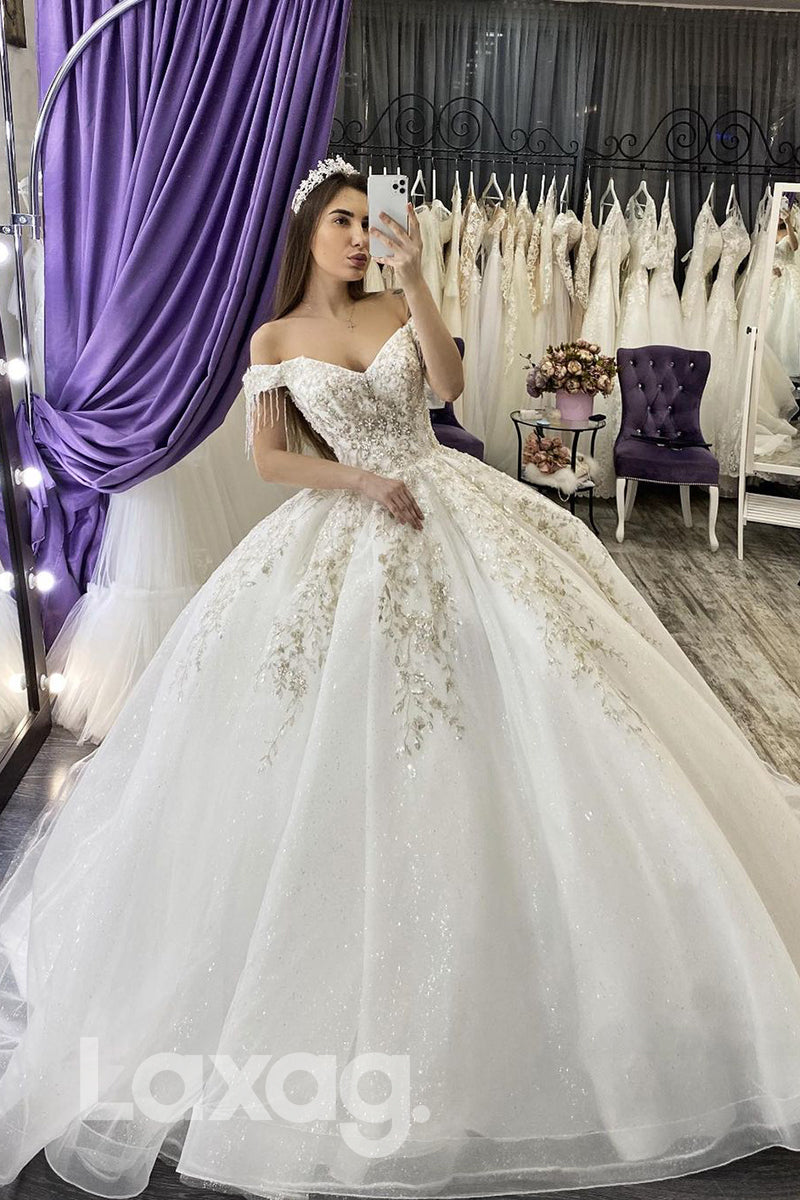 14557 - Ball Gown Off Shoulder Beads Luxury Wedding Dress with Royal Train|LAXAG
