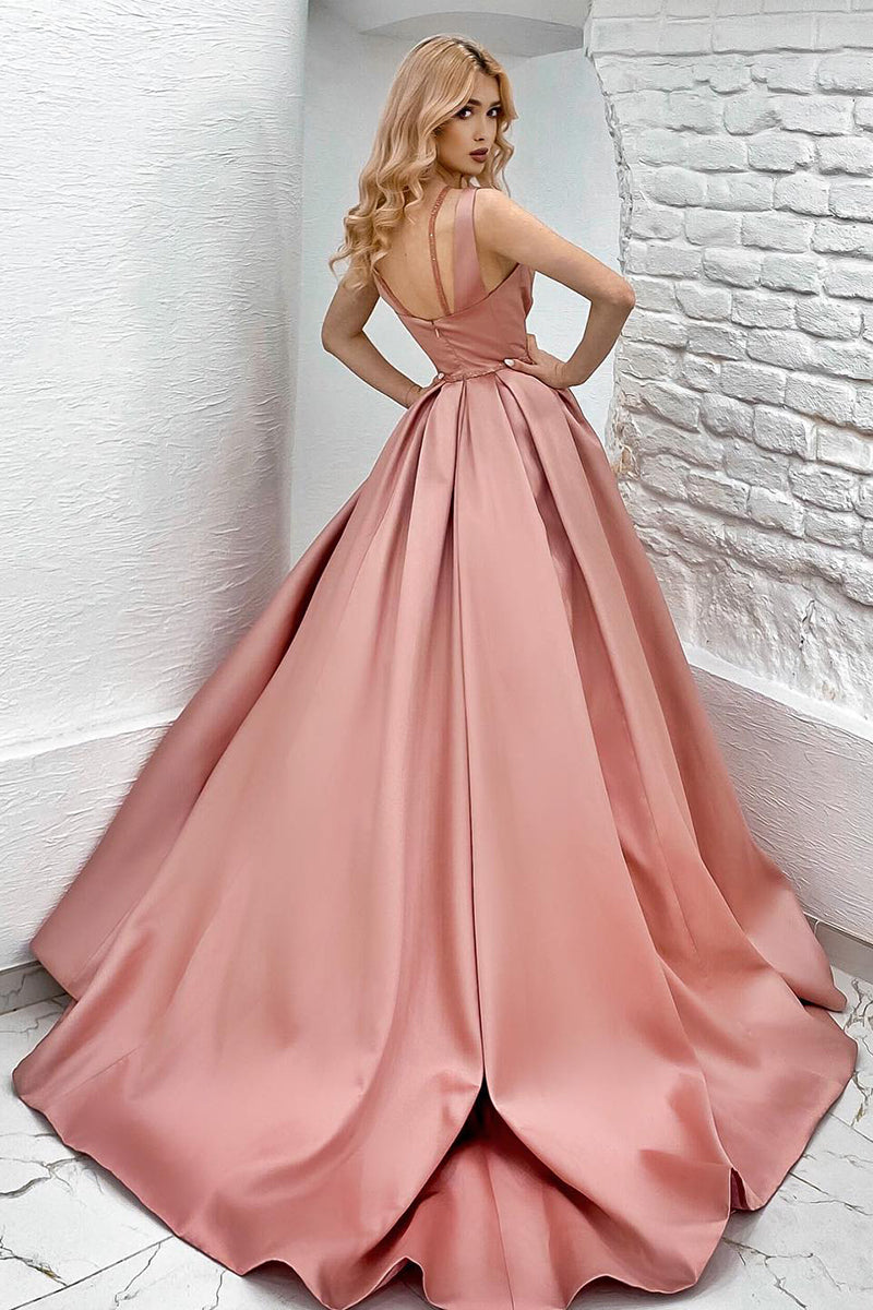 14712 - Pink Sequined Satin Ruched A Line Prom Evening Dress