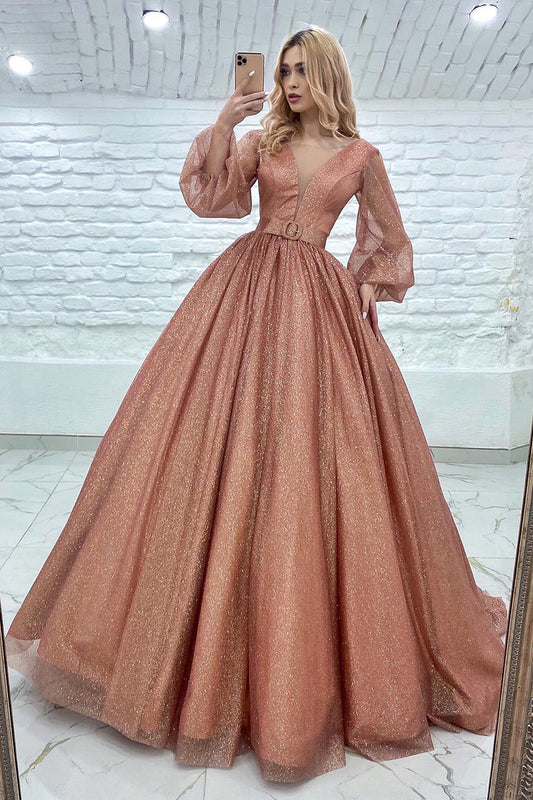 14728 - Blush Pink Long Sleeves Illusion V Neck A-Line Sequined Prom Gown