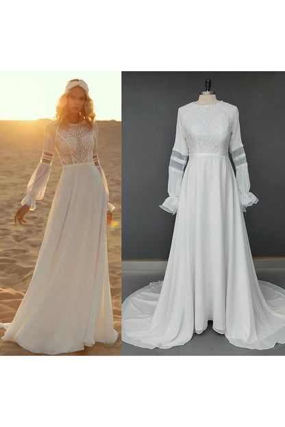 15565 -  Round Neck Long Sleeves A Line Wedding Bridal Gown